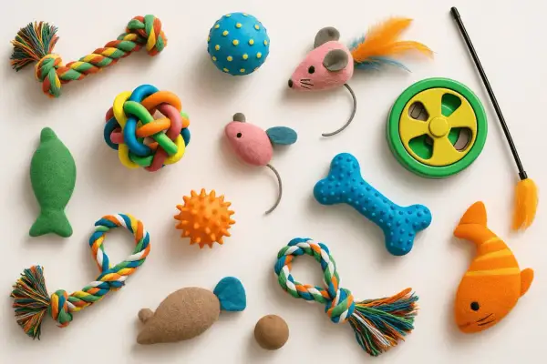 Giochi colorati per gatti: topi, ossa, palline e corde. Perfetti per imparare come fare i pon pon con creatività.