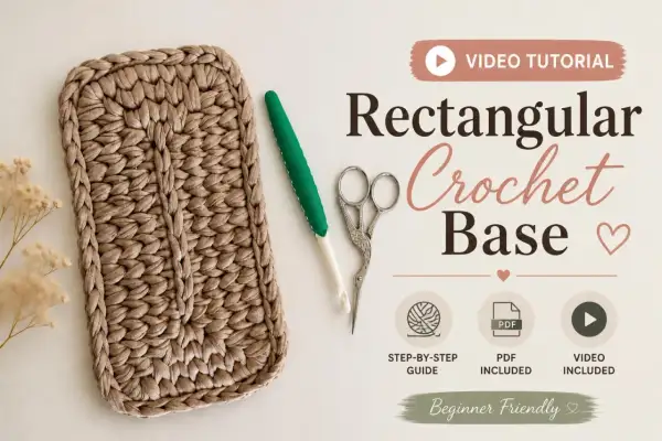 Fondo borsa uncinetto rettangolare beige, con uncinetto verde e forbicine. Tutorial per principianti.
