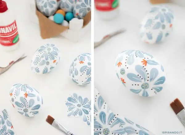 Uova di polistirolo decorate con fiori blu e arancioni, pronte per essere usate per creare decorazioni pasquali uniche.