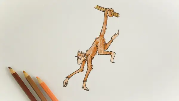 A simple drawing of a monkey hanging from a branch, with colored pencils in the corner.