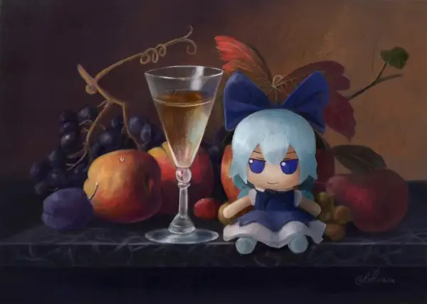 A still life painting of fruit, a glass of wine, and a plush toy with blue hair and a blue bow.
