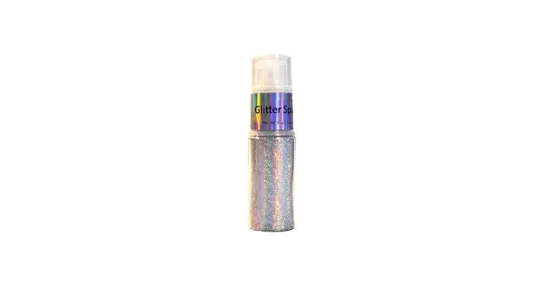 Flacone spray pieno di brillantini argentati, perfetto per dare un tocco scintillante a ogni occasione.