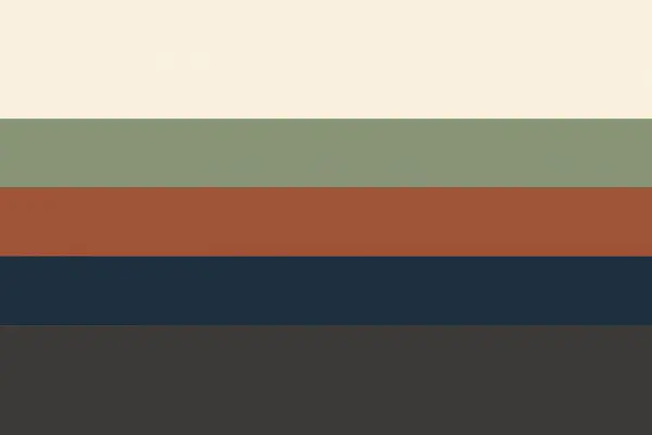 Cinque strisce orizzontali: bianco sporco, verde salvia, arancione antico, blu navy e grigio antracite.