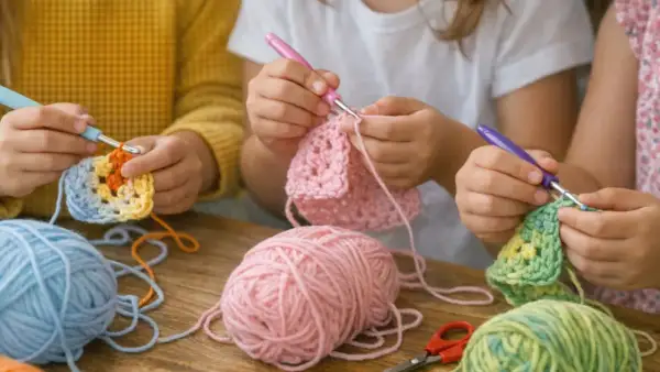 Bambini creano colorati acchiappasogni uncinetto con gomitoli e uncinetti.