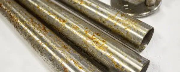 Tubi di acciaio inossidabile con macchie di ruggine marrone e giallastre, che suggeriscono come l'acciaio inossidabile diventa nero con il tempo e l'esposizione.
