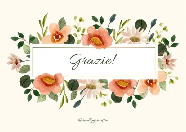Un biglietto con fiori acquerellati e la scritta "Grazie!" al centro.