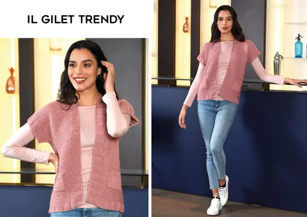 Modelli gilet ai ferri donna: un capo rosa cipria con maniche corte, perfetto per un look casual chic.