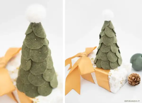 Albero di Natale fatto a mano con cono polistirolo e feltro verde, decorato con pallina bianca e glitter. Perfetto per un tocco festivo.