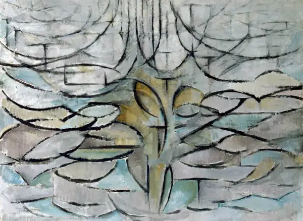 Un albero stilizzato in un'opera d'arte astratta, con linee curve e forme geometriche che evocano la natura.