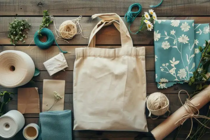 Borsa su rete canvas con fettuccia, fili, tessuti e fiori.